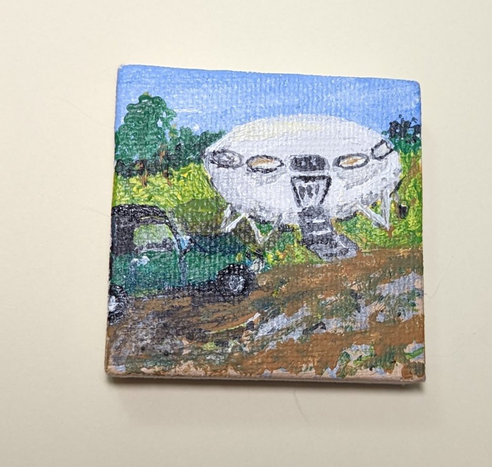 a painting of a white egg-shaped tiny house with a green car sitting outside it.